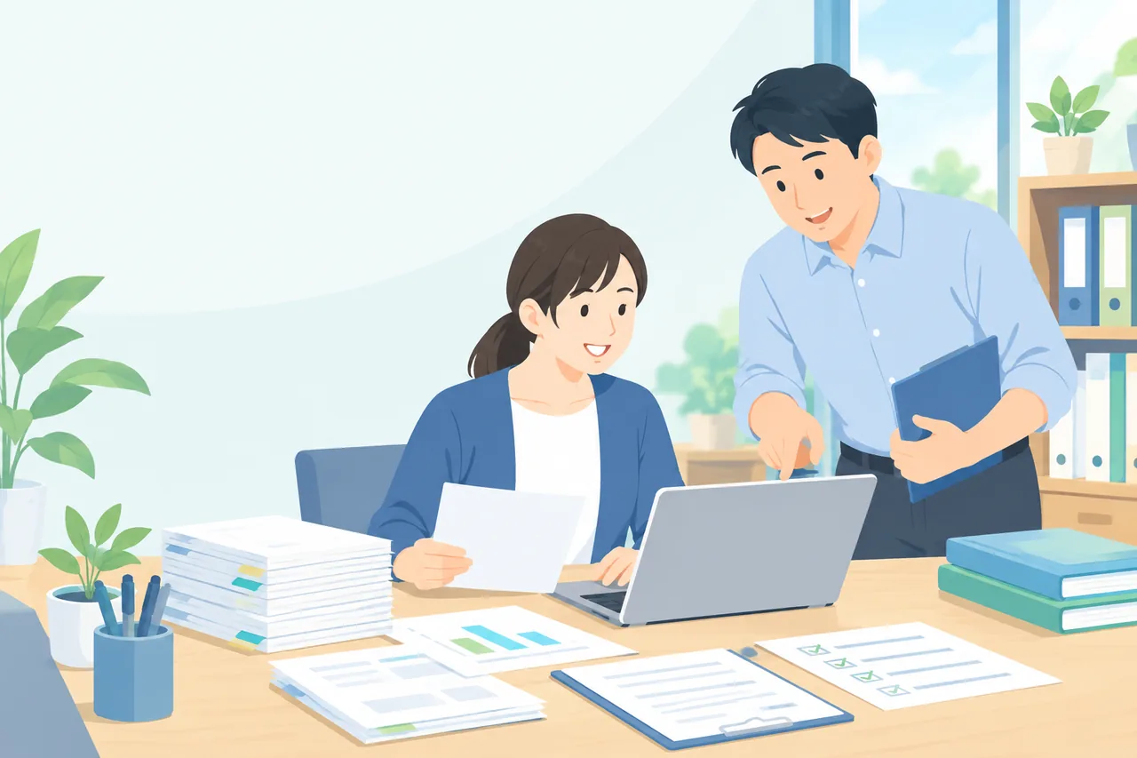 書類やパソコンを使いながら業務を確認する中小企業の担当者