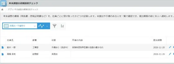 年末調整の書類回収チェックの画面