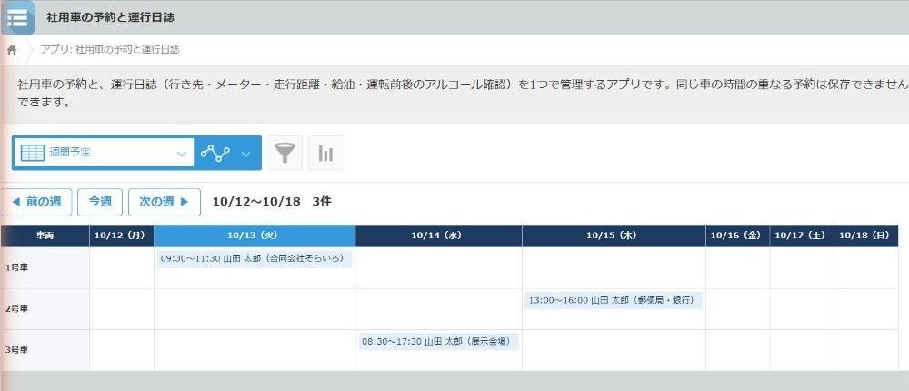 社用車の予約(週間予定)の全体